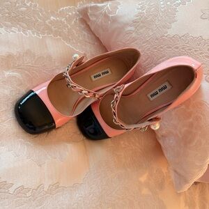 Miu Miu Pink Heels with Black Glossy Toe and Chain